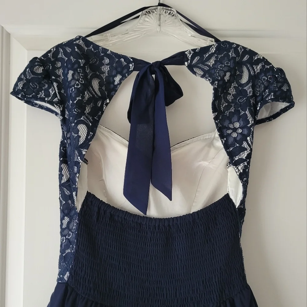 Pleated Cap Sleeved Blue White Lace Tulle Midi Cocktail Dress Size 4 - Picture 7 of 12